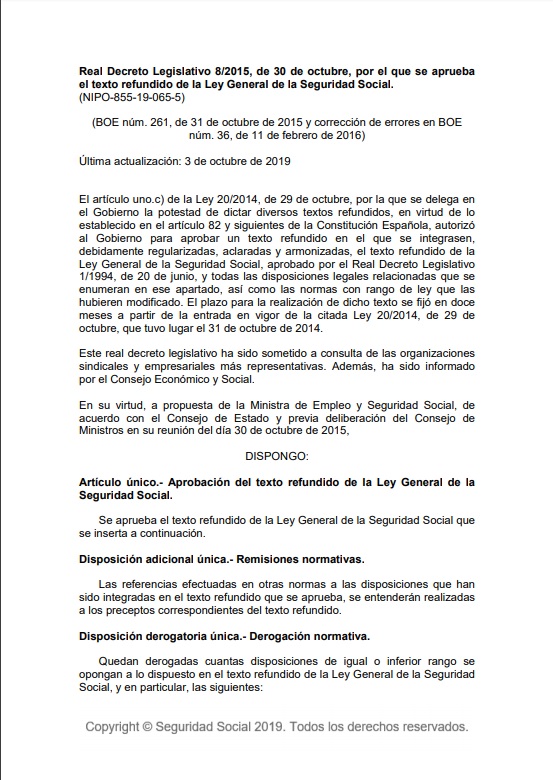 Real Decreto Legislativo 8/2015, de 30 de octubre, por el que se aprueba el texto refundido de la Ley General de la Seguridad Social