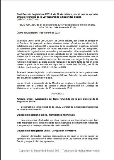 Real Decreto Legislativo 8/2015, de 30 de octubre, por el que se aprueba el texto refundido de la Ley General de la Seguridad Social