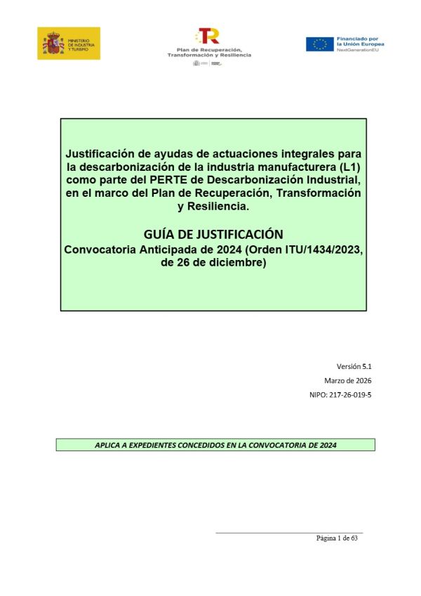 Guía de Justificación de Ayudas de actuaciones integrales para la descarbonización de la industria manufacturera (L1) como parte del PERTE de descarbonización industrial