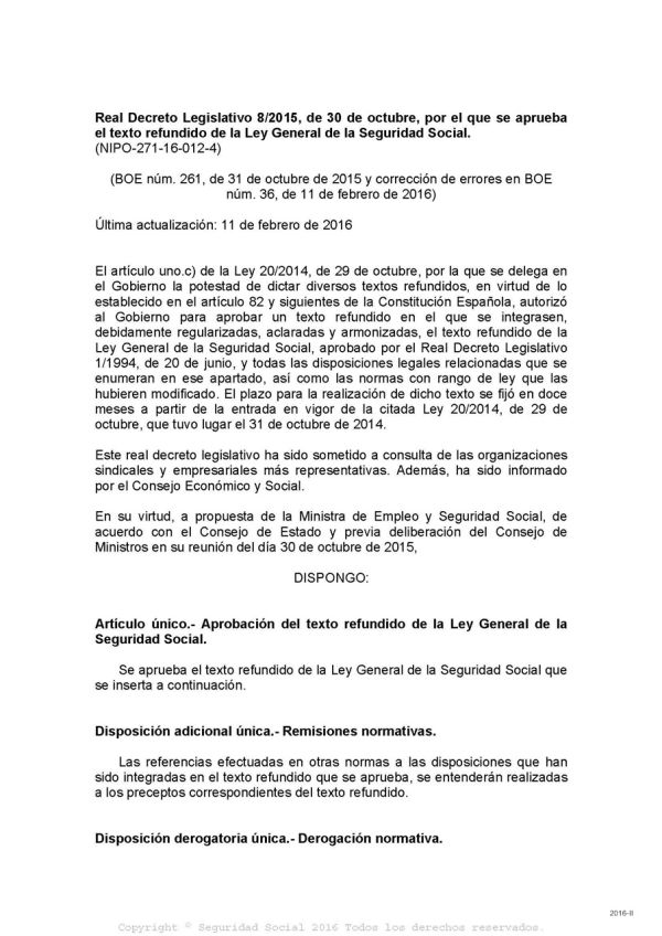 Real Decreto Legislativo 8/2015, de 30 de octubre, por el que se aprueba el texto refundido de la Ley General de la Seguridad Social