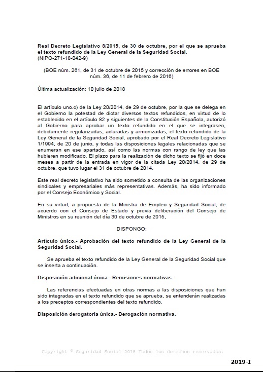Real Decreto Legislativo 8/2015, de 30 de octubre, por el que se aprueba el texto refundido de la Ley General de la Seguridad Social