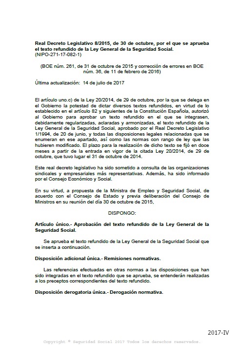 Real Decreto Legislativo 8/2015, de 30 de octubre, por el que se aprueba el texto refundido refundido de la Ley General de la Seguridad Social