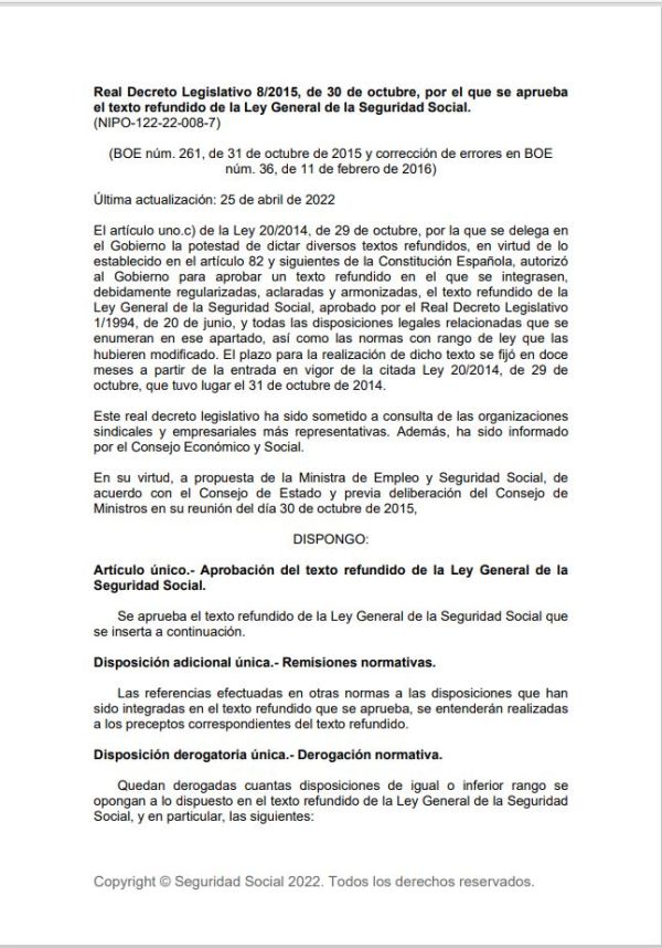 Real Decreto Legislativo 8/2015, de 30 de octubre, por el que se aprueba el texto refundido de la Ley General de la Seguridad Social