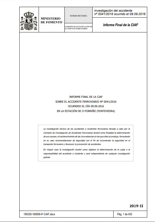 Informe final de la CIAF sobre el accidente ferroviario nº 0041/2016 ocurrido el día 09.09.2016 en la estación de O Porriño (Pontevedra)