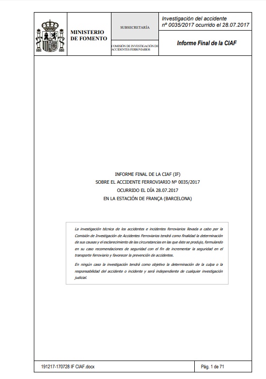 Informe final de la CIAF (IF) sobre el accidente ferroviario nº 0035/2017, ocurrido el día 28.07.2017 en la Estación de França (Barcelona)