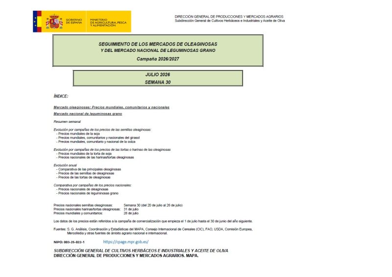 Seguimiento de los Mercados de Oleaginosas y del Mercado Nacional de Leguminosas Grano